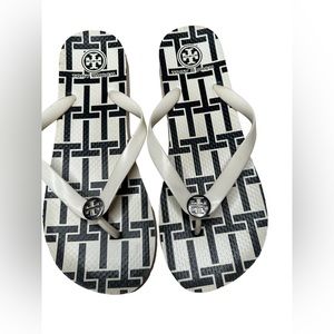 Tory Burch T Basket Logo Flip Flops Cream and Black Size 10 Women's Silver Logo